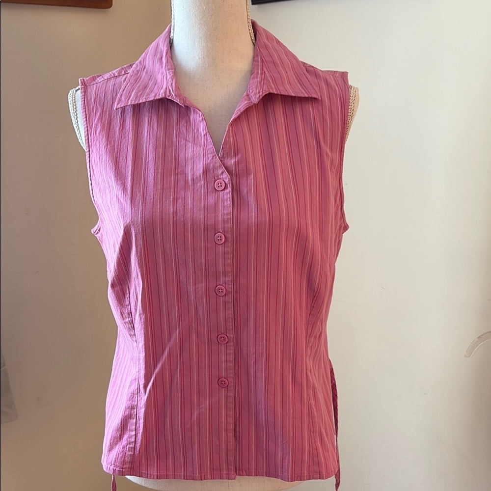 Pink Striped Sleeveless Button-Up Top